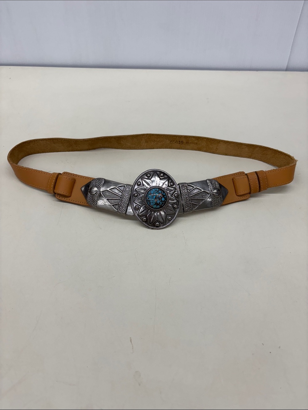 Men's Tan Leather Belt with Turquoise Concho Accent